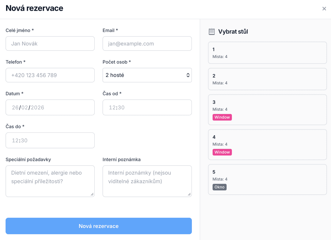 Ukázka systému - Detail rezervace